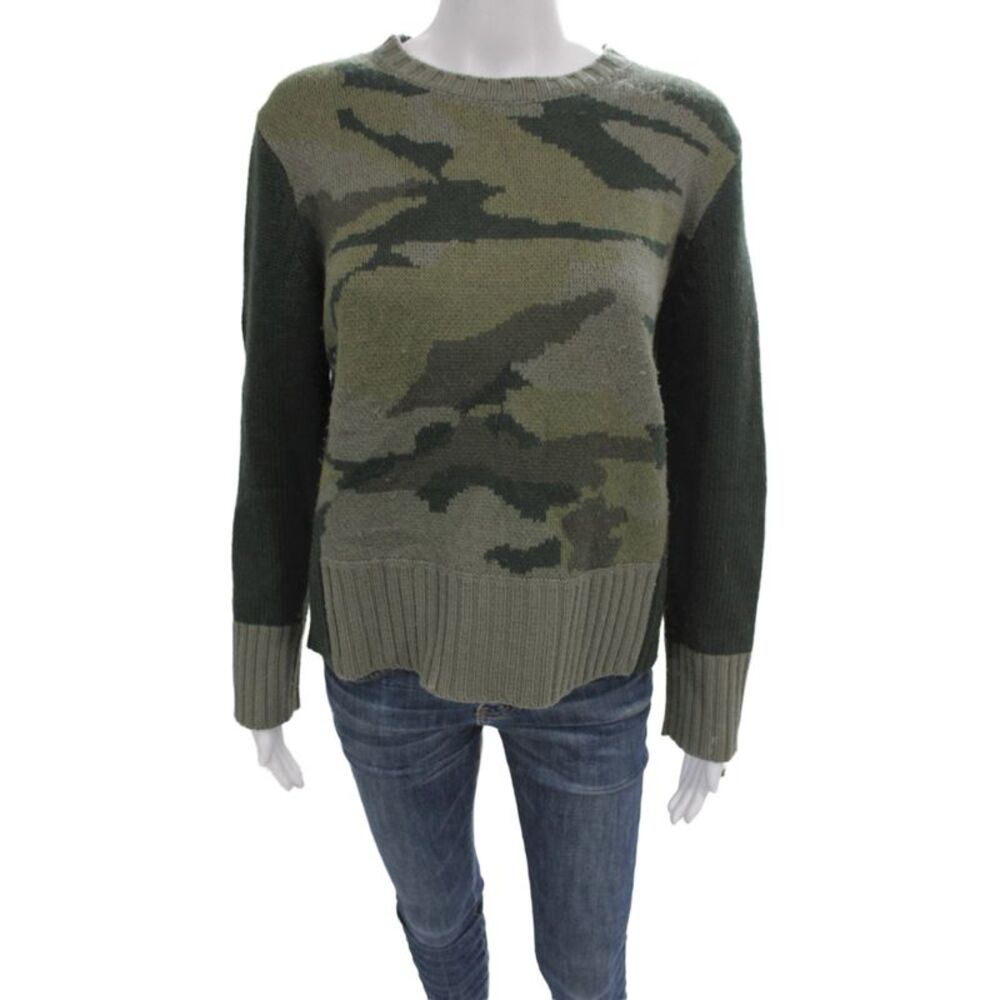 Splendid Womens Pullover Sweater Camo Green Crew Neck Button Long Sleeve Size S